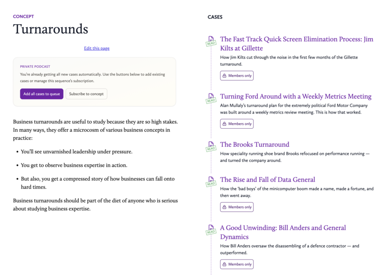 Commoncog concept sequence interface showing turnaround cases