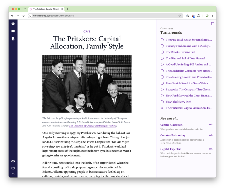 Commoncog case interface showing The Pritzkers case
