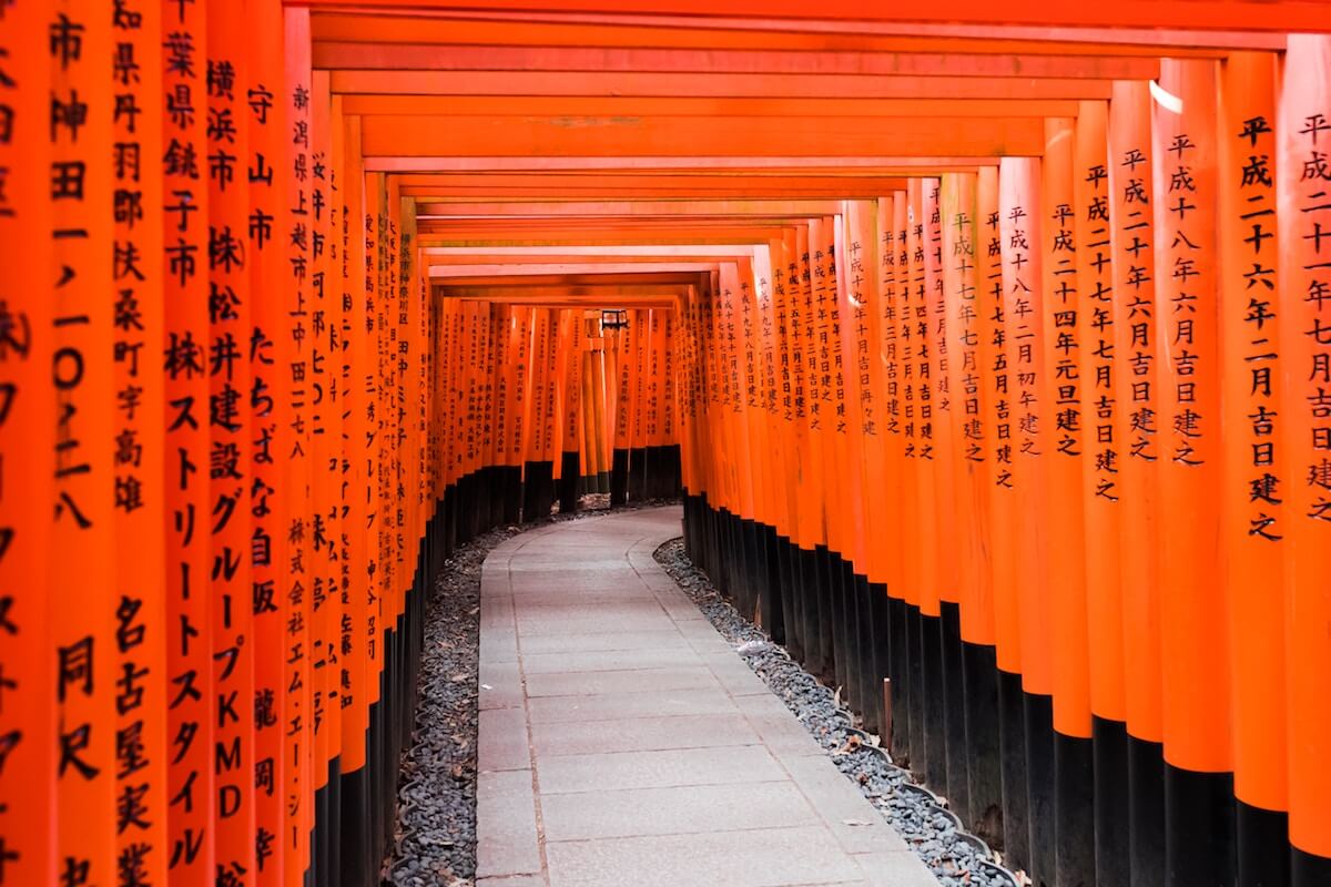 Bright orange pillars at a Japanese shrine